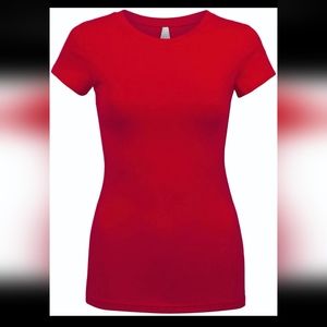 Red round neck short sleeve long casual  cotton solid fitted sexy tee shirt top